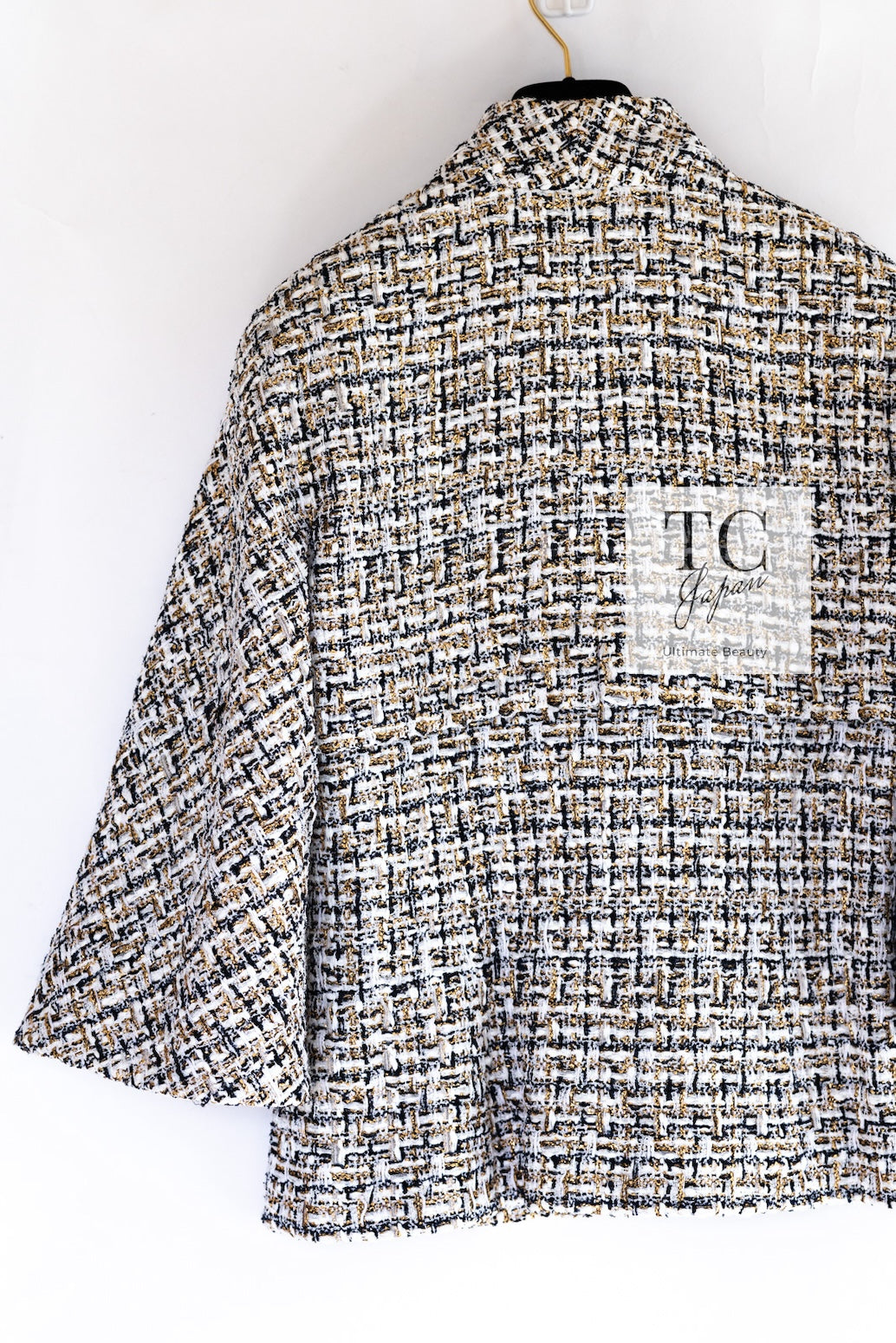 CHANEL 15C White Black Gold Metallic Gripoix Button Tweed Jacket 42 シャネル ホワイト ブラック ゴールドメタリック グリポワ宝石ボタン ツイード ジャケット 即発