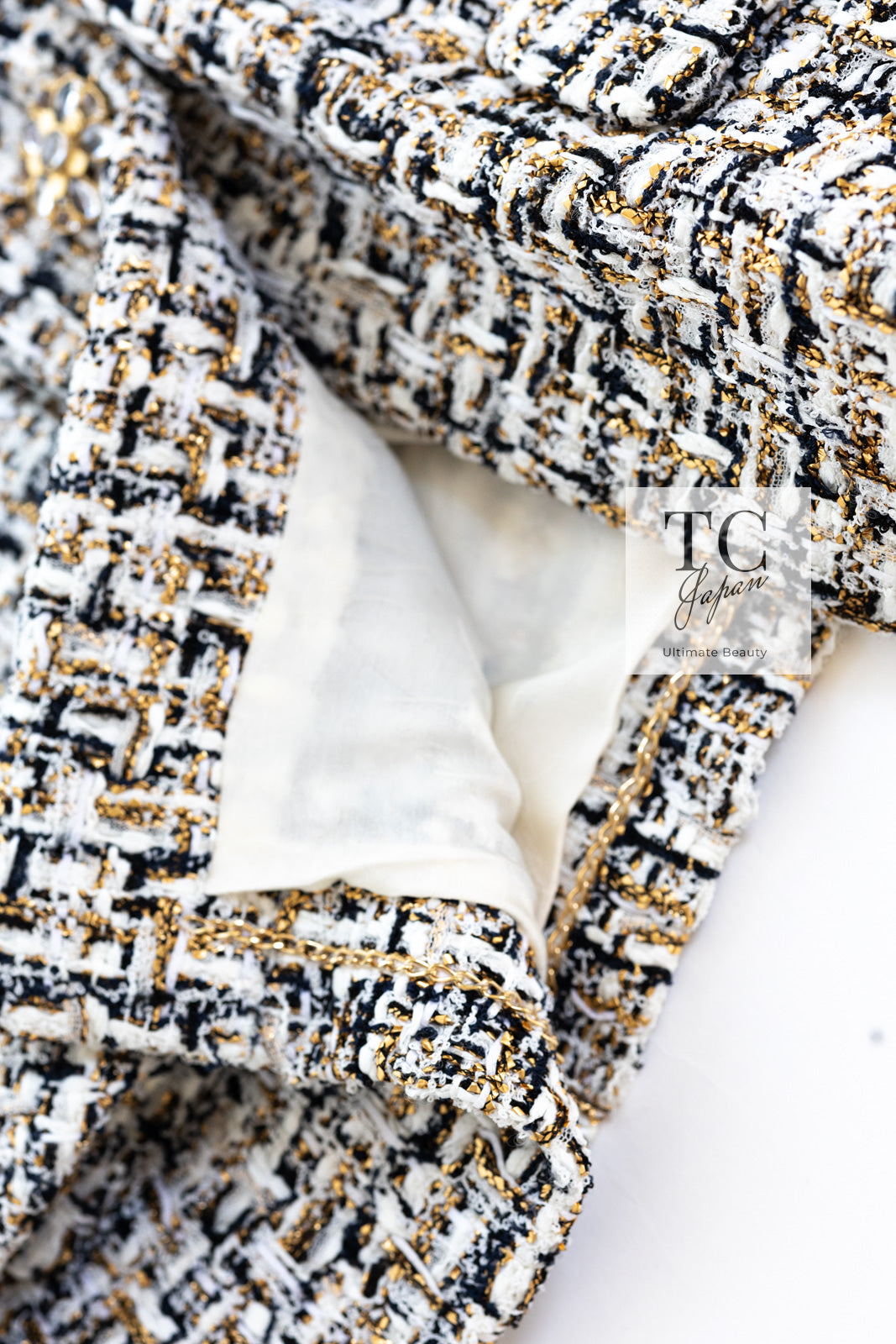 CHANEL 15C White Black Gold Metallic Gripoix Button Tweed Jacket 42 シャネル ホワイト ブラック ゴールドメタリック グリポワ宝石ボタン ツイード ジャケット 即発