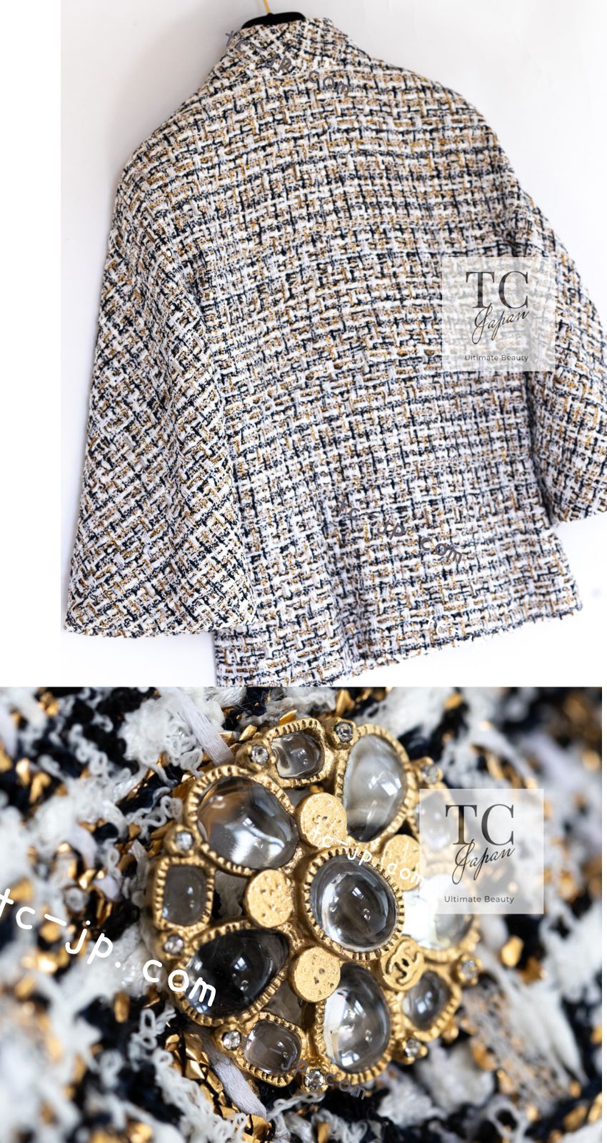CHANEL 15C White Black Gold Metallic Gripoix Button Tweed Jacket 42 シャネル ホワイト ブラック ゴールドメタリック グリポワ宝石ボタン ツイード ジャケット 即発