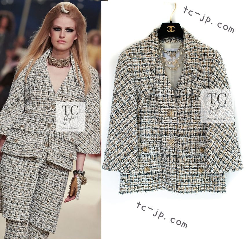 CHANEL 15C White Black Gold Metallic Gripoix Button Tweed Jacket 42 シャネル ホワイト ブラック ゴールドメタリック グリポワ宝石ボタン ツイード ジャケット 即発