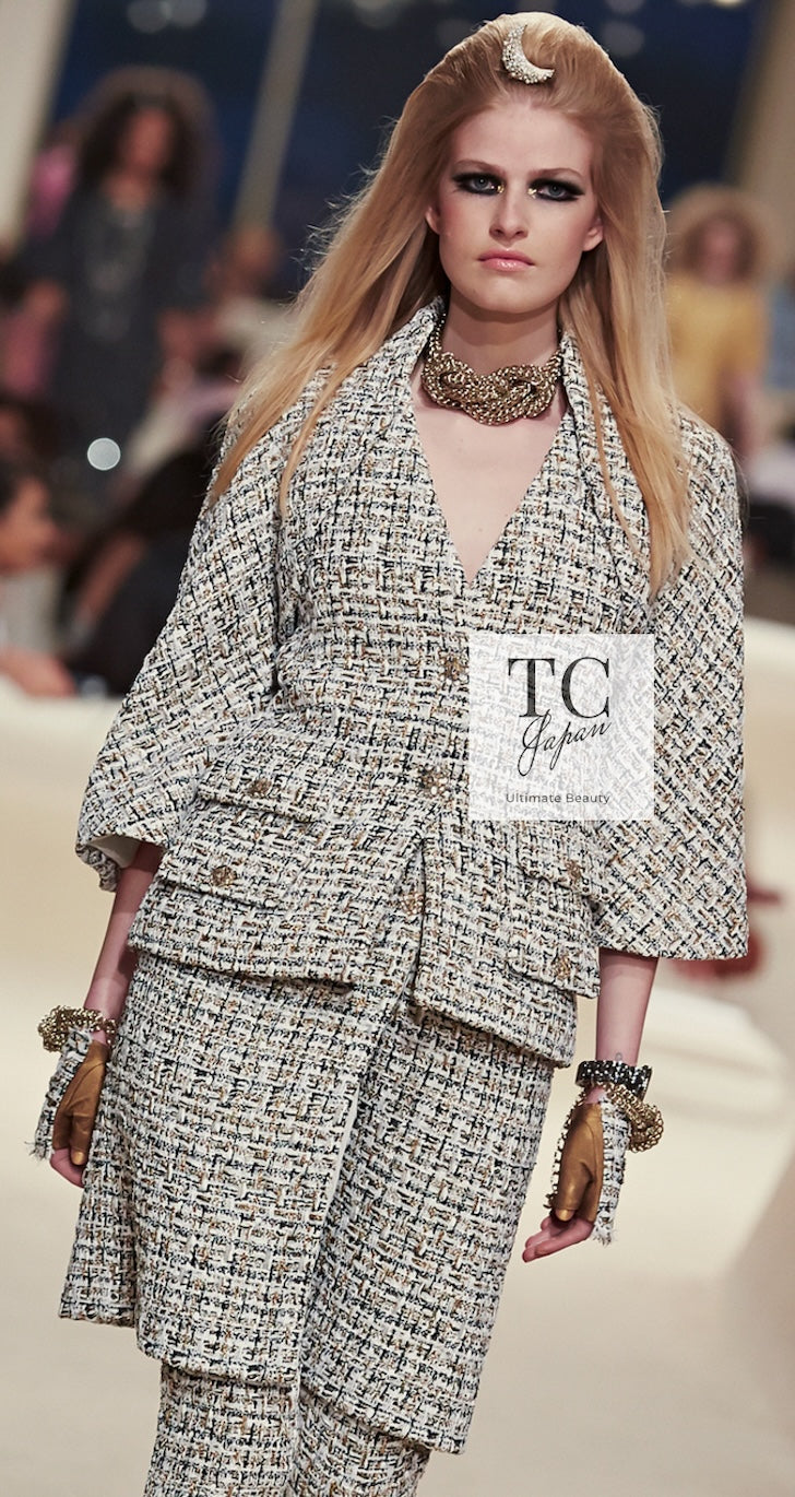 CHANEL 15C White Black Gold Metallic Gripoix Button Tweed Jacket 42 シャネル ホワイト ブラック ゴールドメタリック グリポワ宝石ボタン ツイード ジャケット 即発