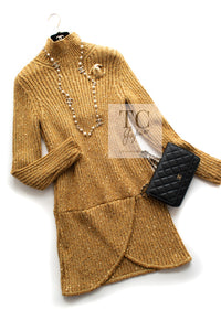 CHANEL 19PF Gold Metallic Sequin Embellishments Cashmere Knit Dress 34 36 シャネル ゴールド スパンコール カシミヤ ニット ワンピース 即発