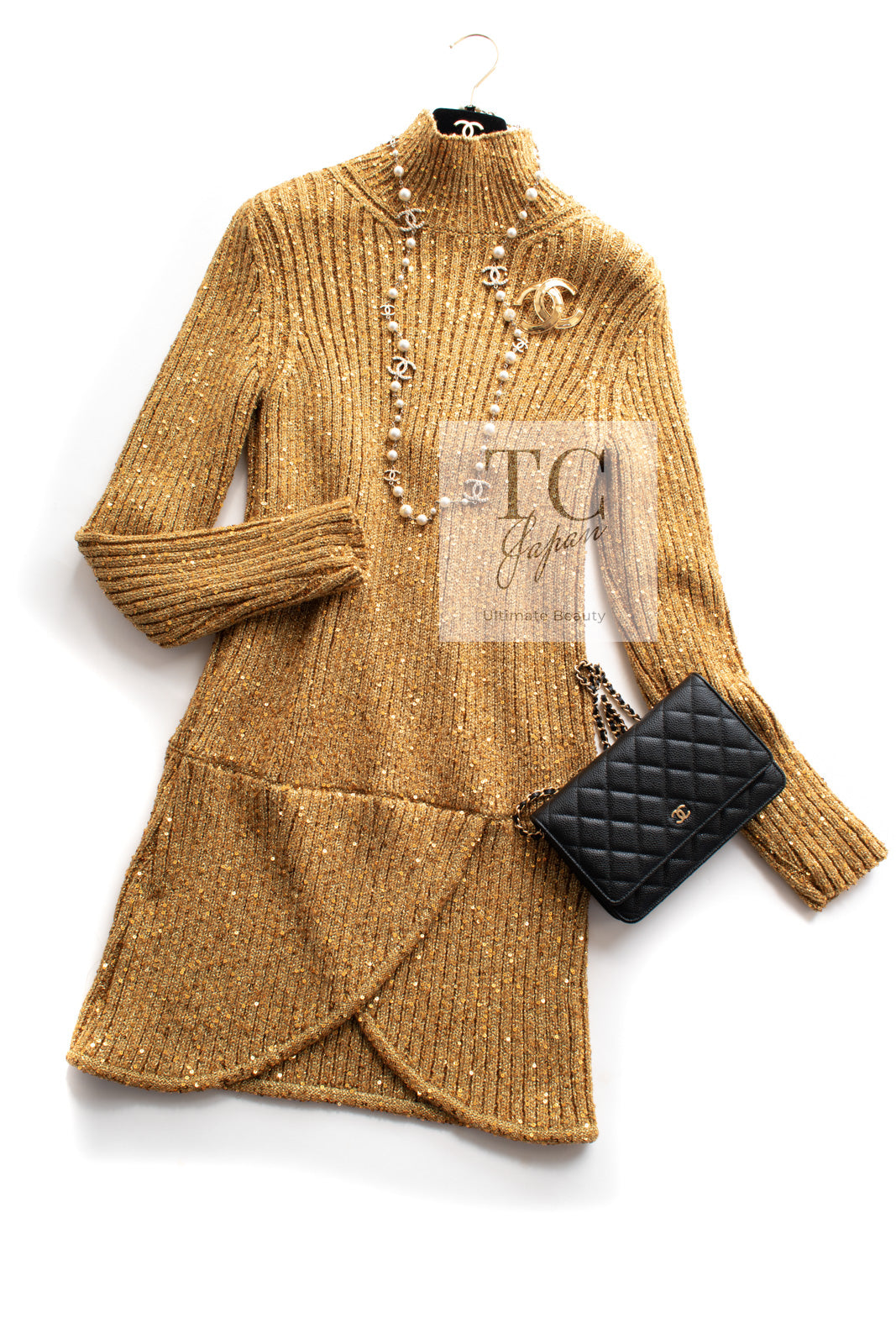 CHANEL 19PF Gold Metallic Sequin Embellishments Cashmere Knit Dress 34 36 シャネル ゴールド スパンコール カシミヤ ニット ワンピース 即発
