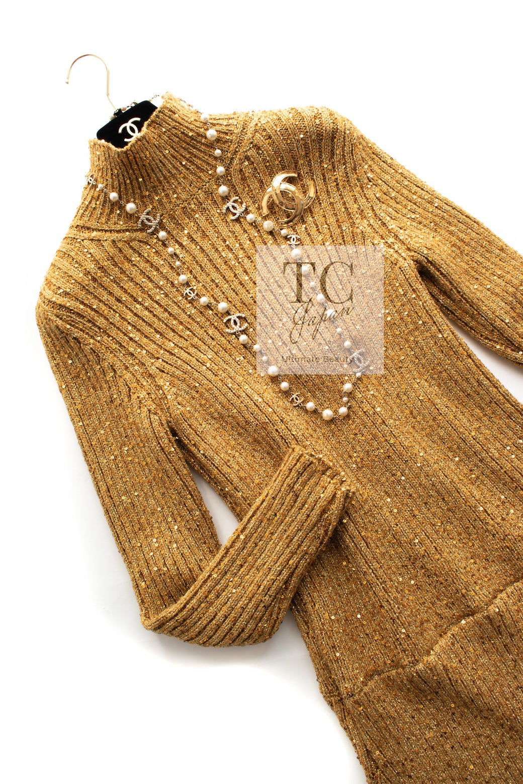 CHANEL 19PF Gold Metallic Sequin Embellishments Cashmere Knit Dress 34 36 シャネル ゴールド スパンコール カシミヤ ニット ワンピース 即発