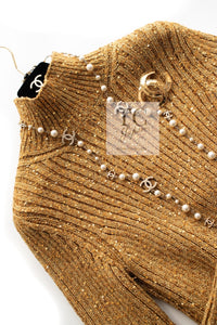 CHANEL 19PF Gold Metallic Sequin Embellishments Cashmere Knit Dress 34 36 シャネル ゴールド スパンコール カシミヤ ニット ワンピース 即発