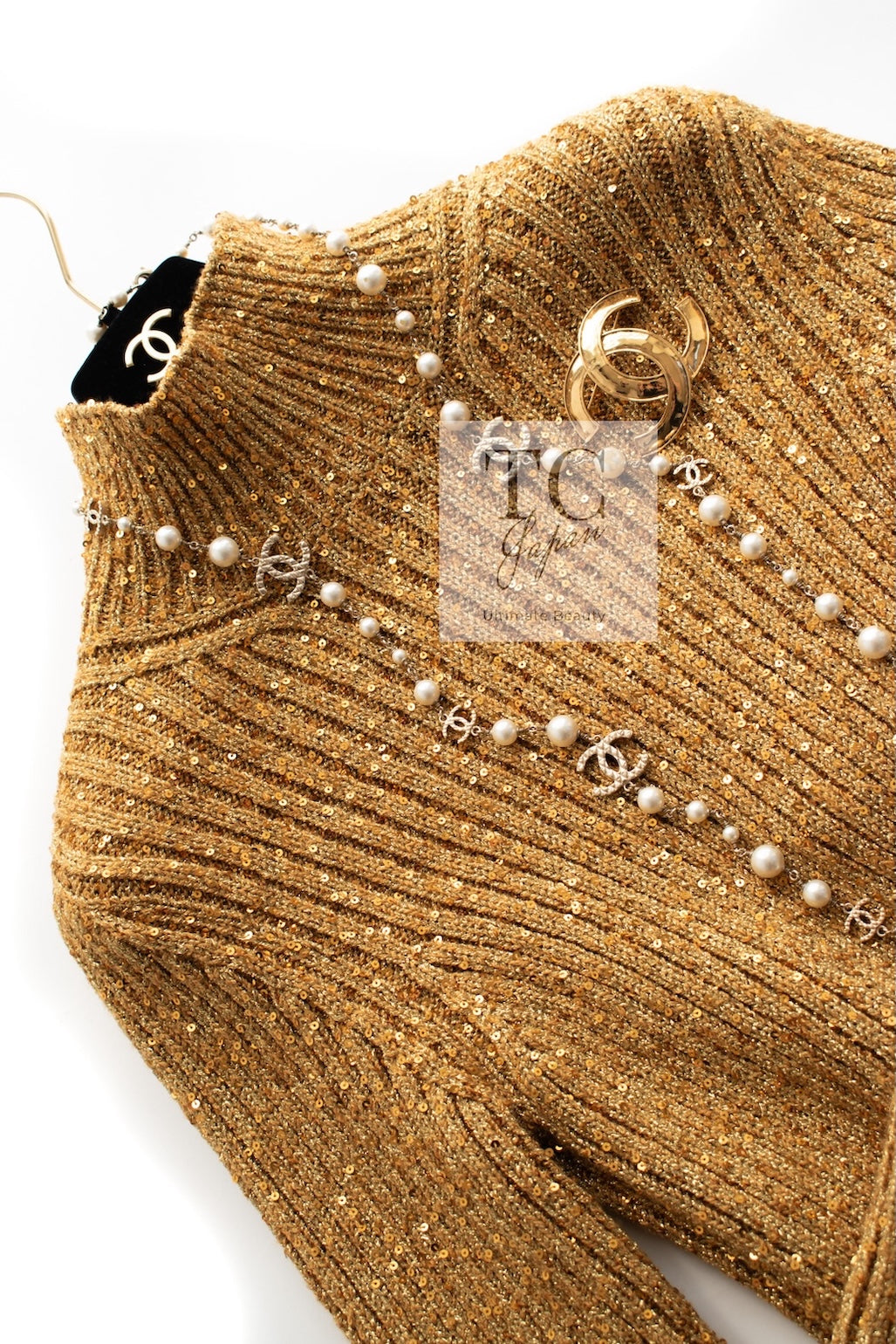 CHANEL 19PF Gold Metallic Sequin Embellishments Cashmere Knit Dress 34 36 シャネル ゴールド スパンコール カシミヤ ニット ワンピース 即発