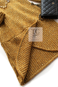 CHANEL 19PF Gold Metallic Sequin Embellishments Cashmere Knit Dress 34 36 シャネル ゴールド スパンコール カシミヤ ニット ワンピース 即発