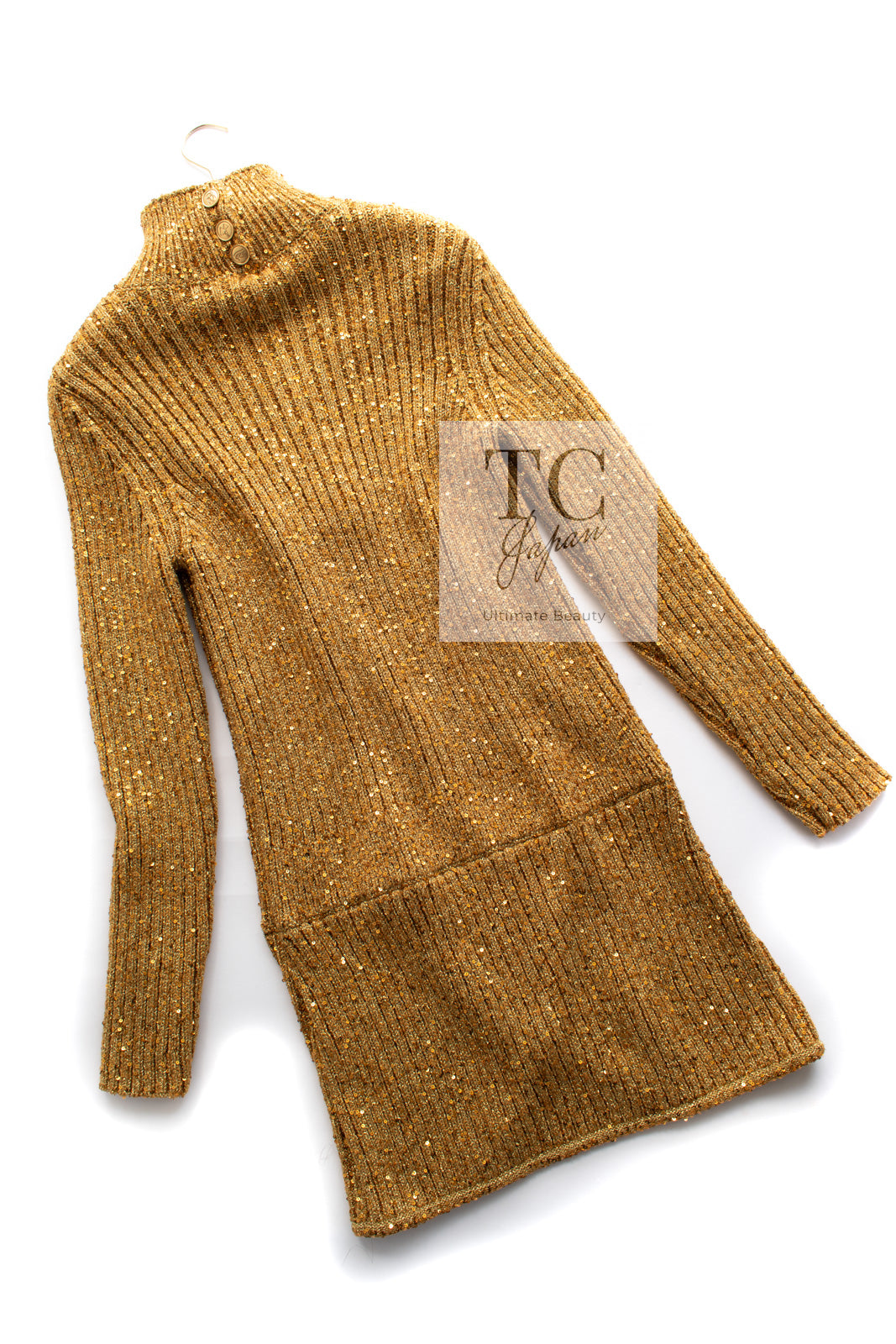 CHANEL 19PF Gold Metallic Sequin Embellishments Cashmere Knit Dress 34 36 シャネル ゴールド スパンコール カシミヤ ニット ワンピース 即発