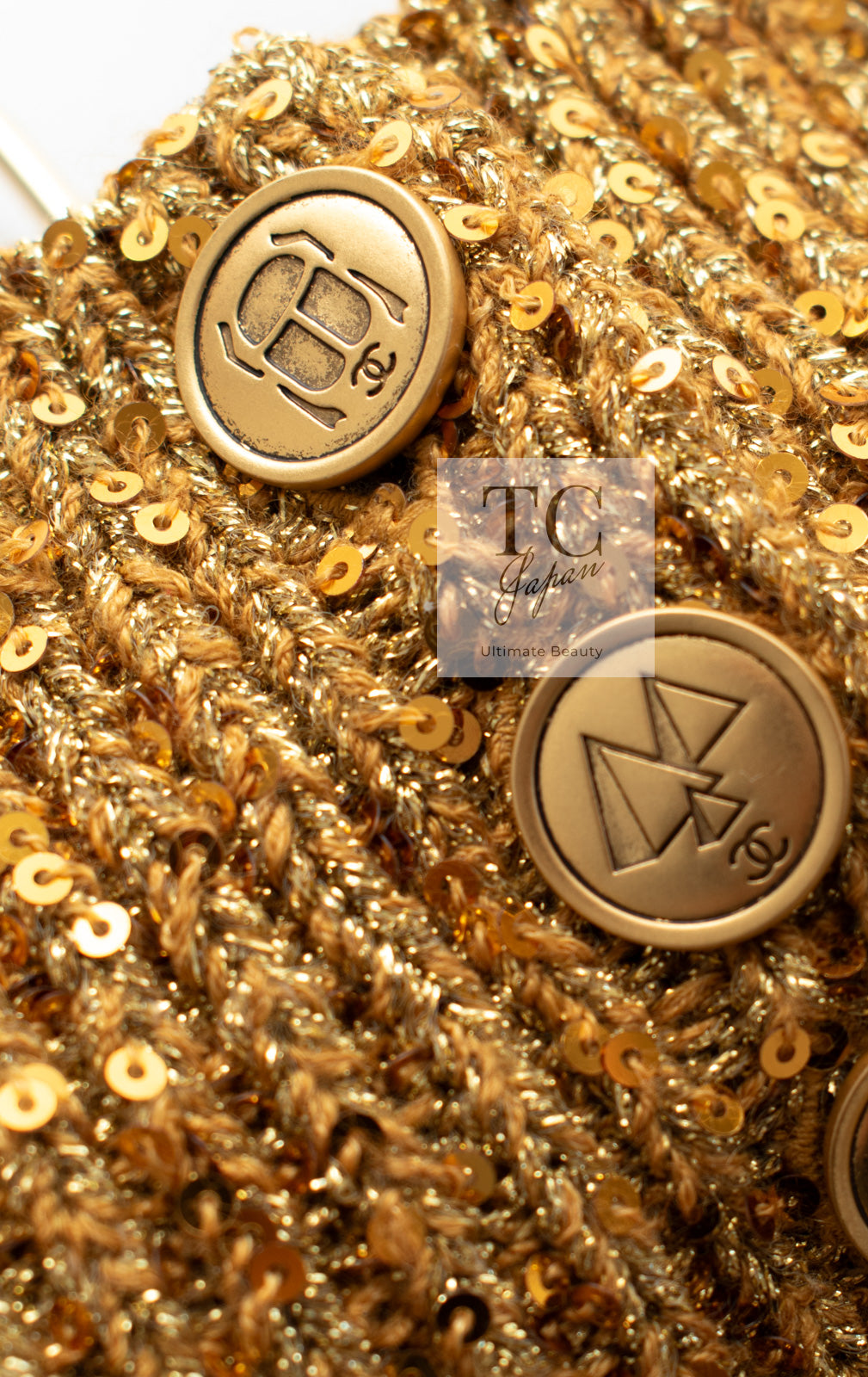 CHANEL 19PF Gold Metallic Sequin Embellishments Cashmere Knit Dress 34 36 シャネル ゴールド スパンコール カシミヤ ニット ワンピース 即発