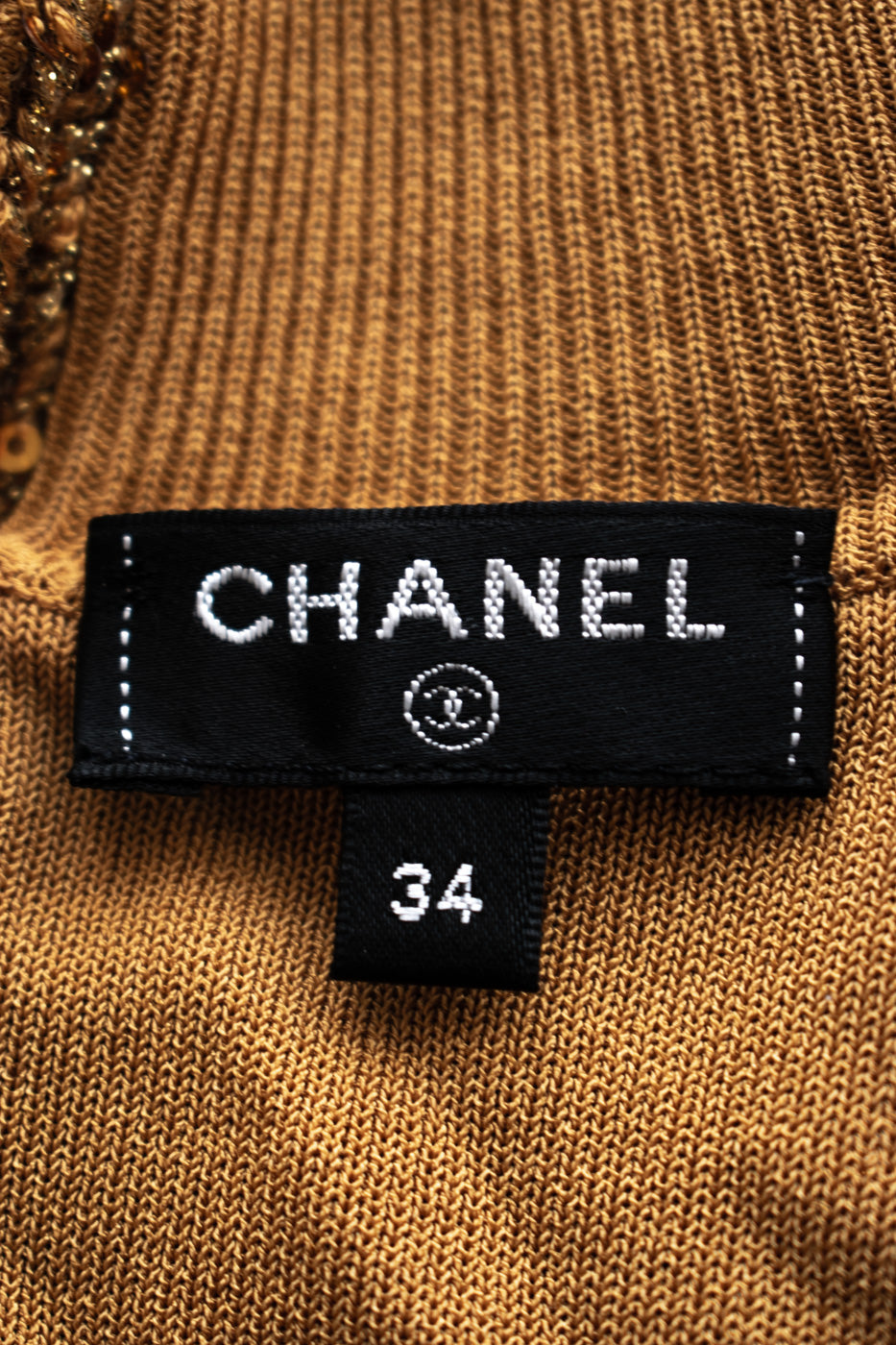 CHANEL 19PF Gold Metallic Sequin Embellishments Cashmere Knit Dress 34 36 シャネル ゴールド スパンコール カシミヤ ニット ワンピース 即発