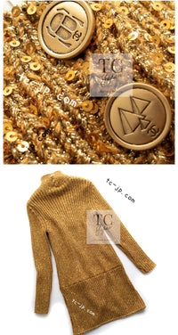 CHANEL 19PF Gold Metallic Sequin Embellishments Cashmere Knit Dress 34 36 シャネル ゴールド スパンコール カシミヤ ニット ワンピース 即発
