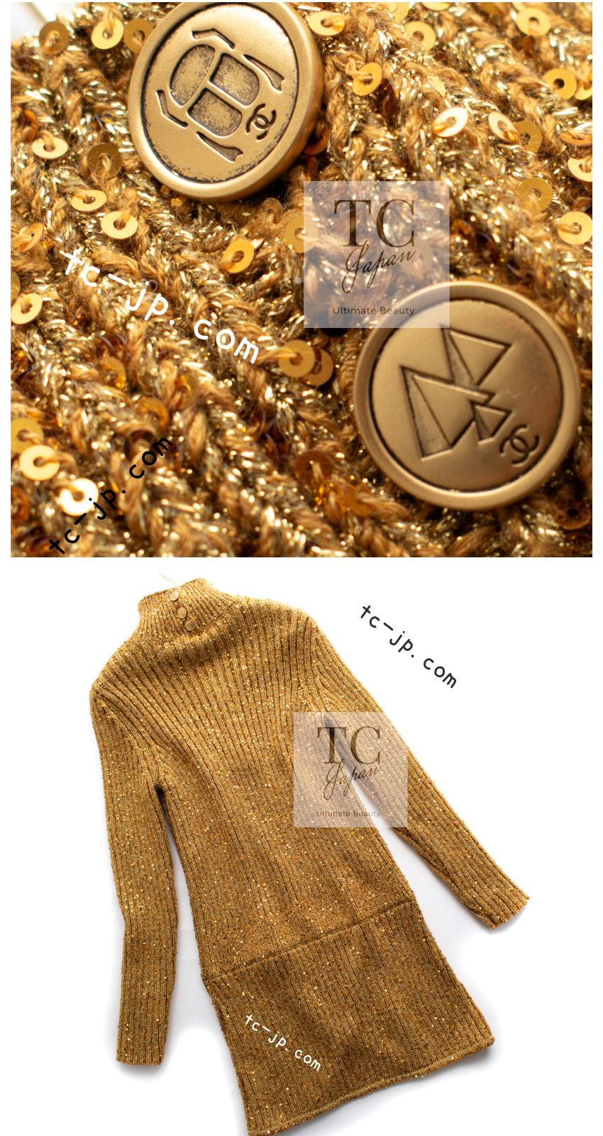 CHANEL 19PF Gold Metallic Sequin Embellishments Cashmere Knit Dress 34 36 シャネル ゴールド スパンコール カシミヤ ニット ワンピース 即発