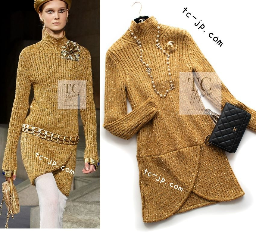 CHANEL 19PF Gold Metallic Sequin Embellishments Cashmere Knit Dress 34 36 シャネル ゴールド スパンコール カシミヤ ニット ワンピース 即発