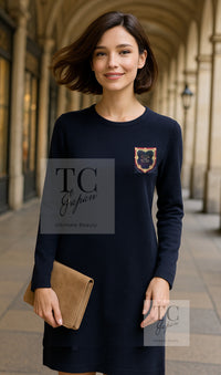 CHANEL 13PF Navy Emblem Wool 100% Stretch Knit Sweater Dress 36 シャネル ネイビー エンブレム ワッペン ウール100% ニット ストレッチ 薄手 セーター ワンピース 即発