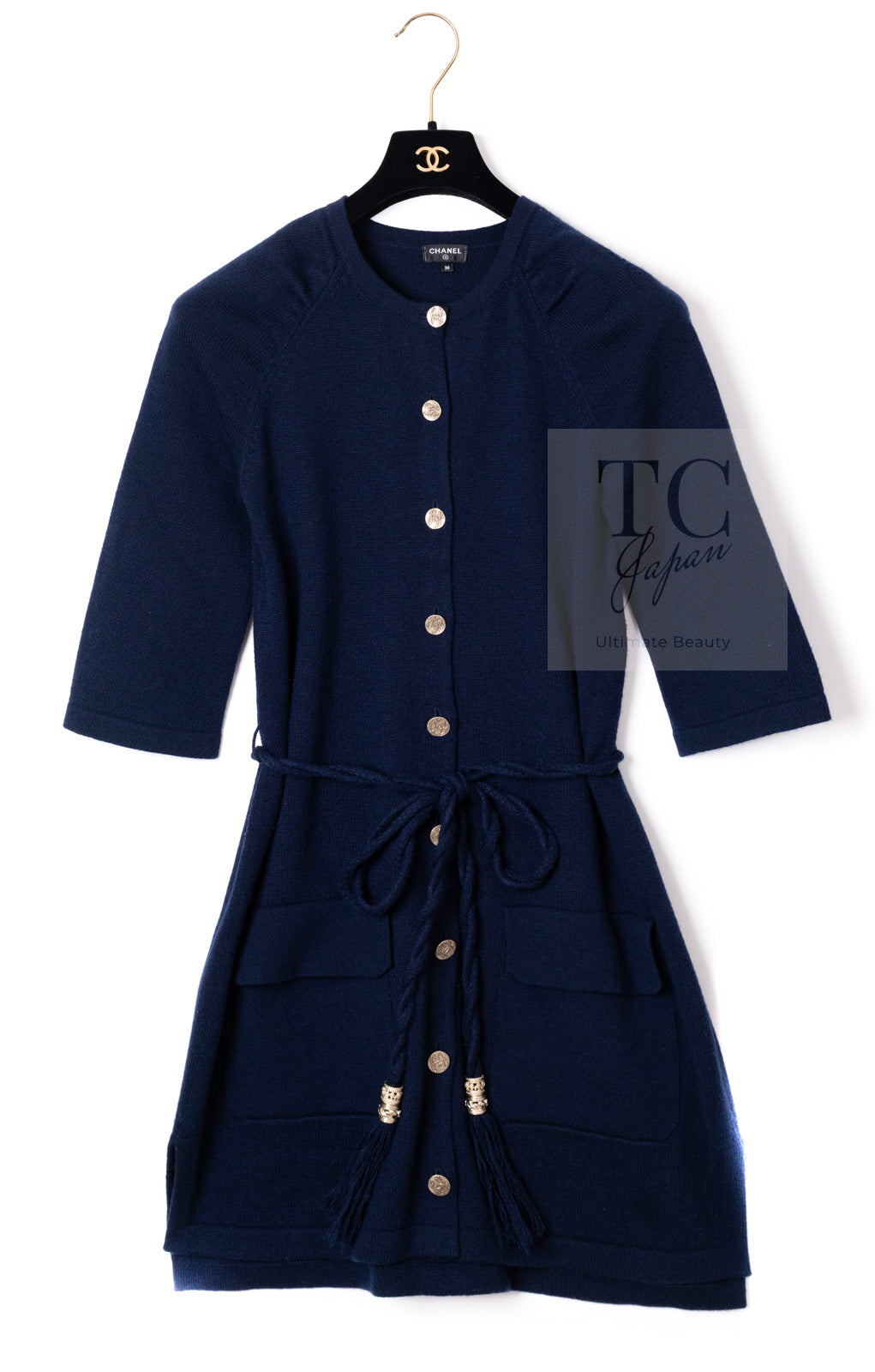 CHANEL 18C Dark Navy Cashmere Long Knit Cardigan Dress 36 シャネル ダーク ネイビー カシミア ロング ニット カーディガン ワンピース 即発