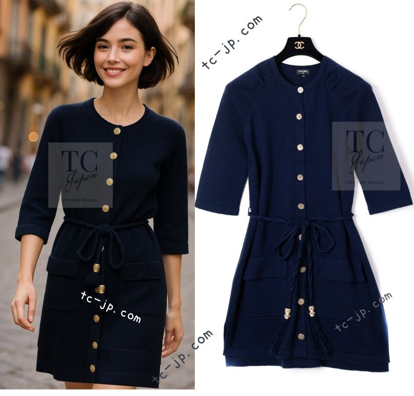 CHANEL 18C Dark Navy Cashmere Long Knit Cardigan Dress 36 シャネル ダーク ネイビー カシミア ロング ニット カーディガン ワンピース 即発