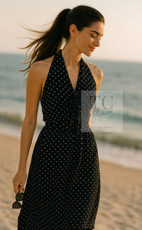 CHANEL 89S Black Beige Wool Dot Print Dress 34 36 シャネル ブラック ベージュ ウール ドット柄 ワンピース 即発