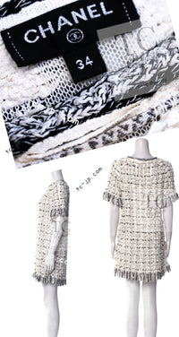 CHANEL 18P Ivory Black Logo Ribbon Fringe CC Mini Dress Tops 34 シャネル アイボリー ブラック ロゴ リボン フリンジ CC ミニ ワンピース トップス 即発