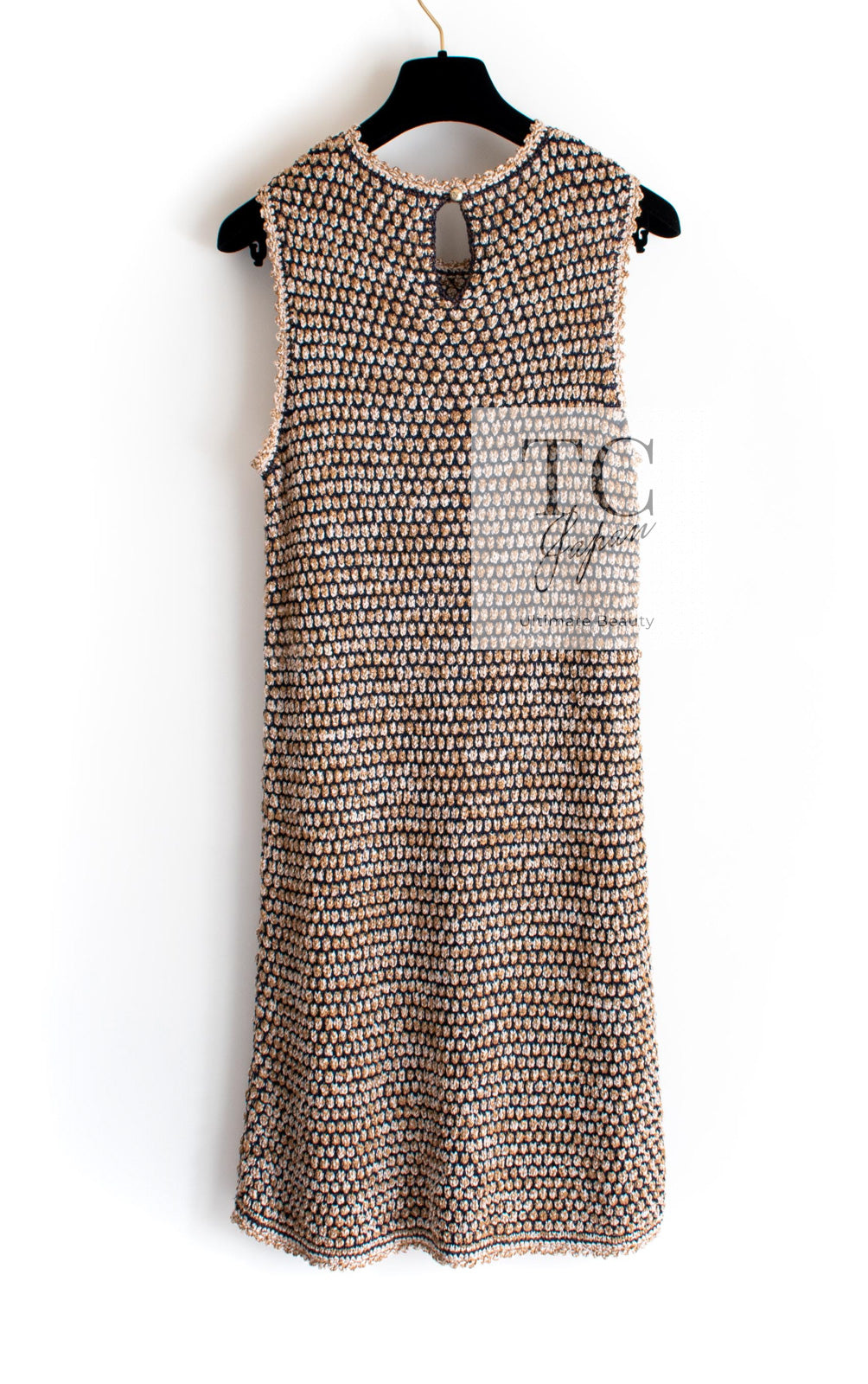 CHANEL 11S Champagne Gold Navy CC Logo Knit Dress 40 シャネル シャンパン ゴールド ネイビー ココマーク 女優の ニット ワンピース 即発
