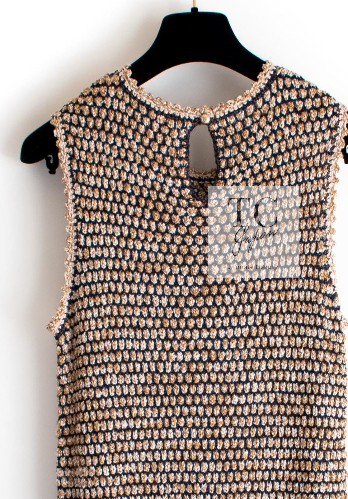 CHANEL 11S Champagne Gold Navy CC Logo Knit Dress 40 シャネル シャンパン ゴールド ネイビー ココマーク 女優の ニット ワンピース 即発