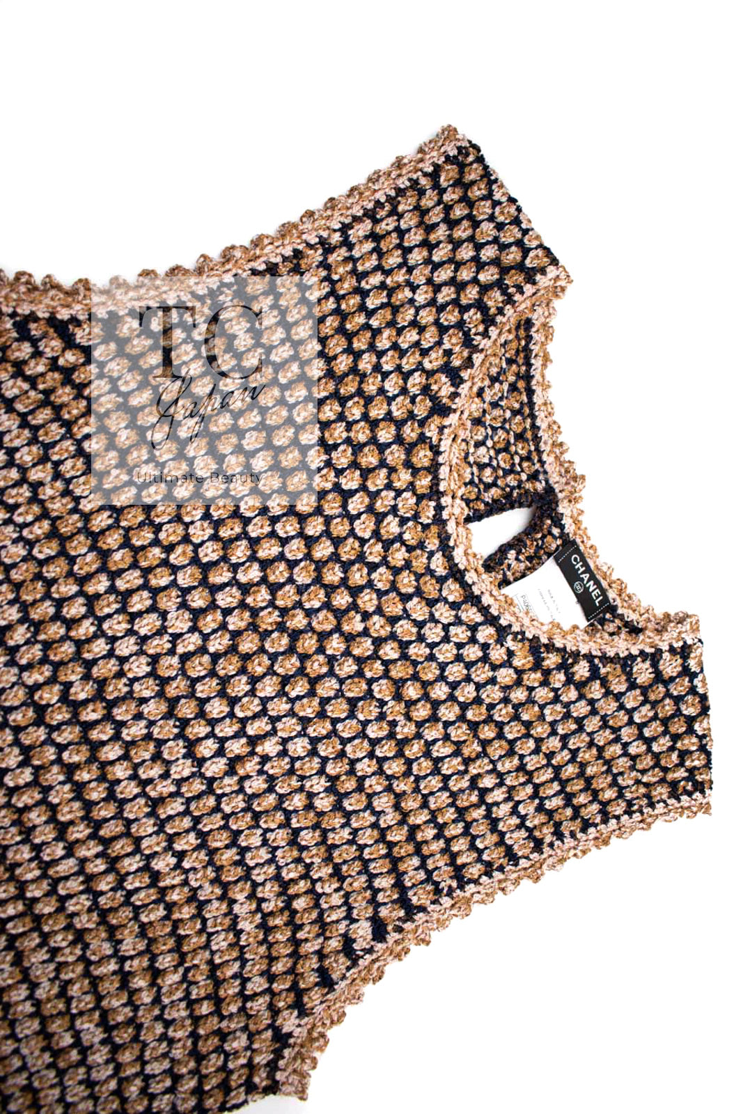 CHANEL 11S Champagne Gold Navy CC Logo Knit Dress 40 シャネル シャンパン ゴールド ネイビー ココマーク 女優の ニット ワンピース 即発