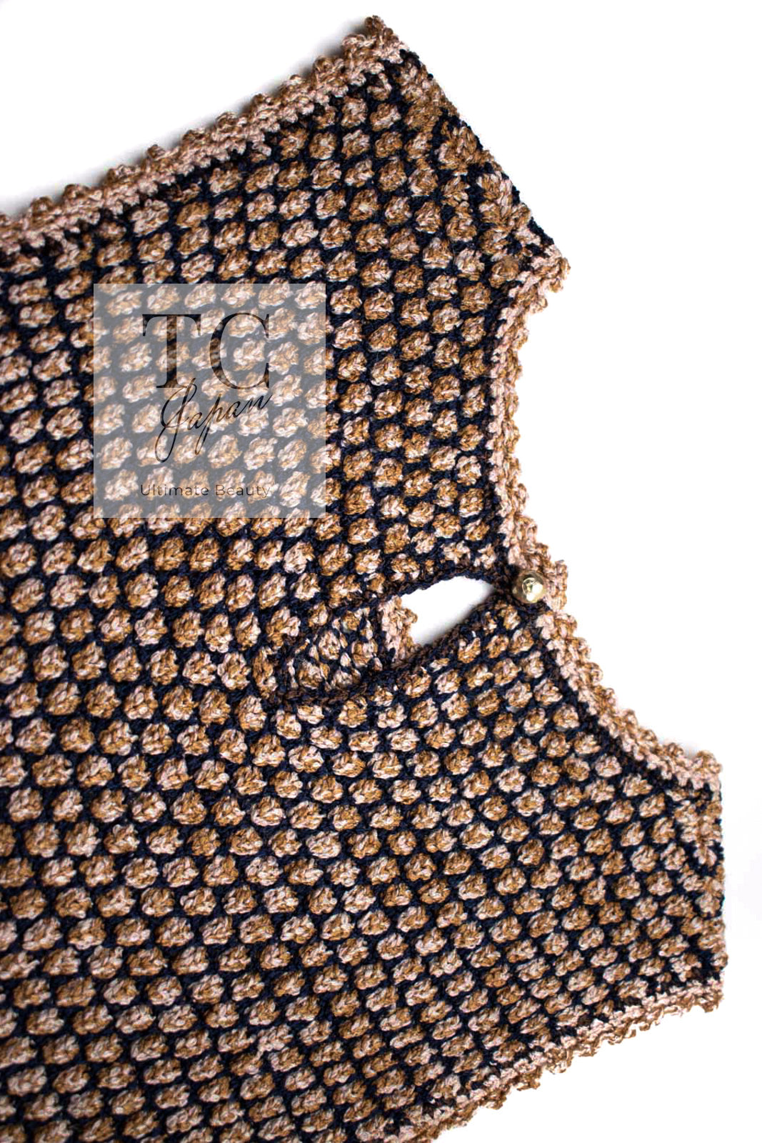 CHANEL 11S Champagne Gold Navy CC Logo Knit Dress 40 シャネル シャンパン ゴールド ネイビー ココマーク 女優の ニット ワンピース 即発