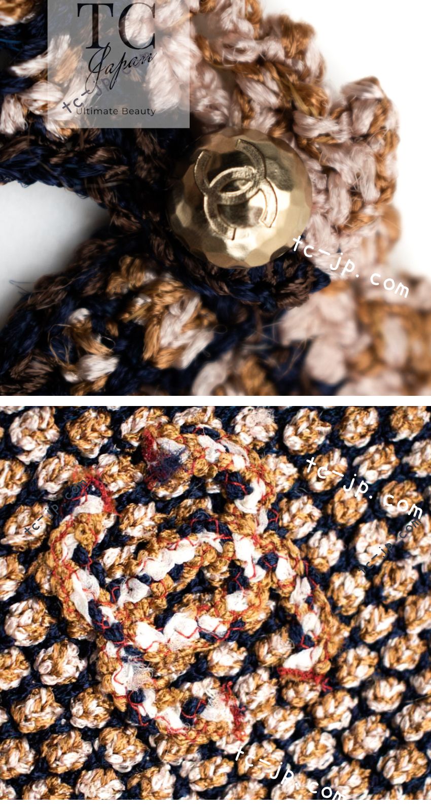 CHANEL 11S Champagne Gold Navy CC Logo Knit Dress 40 シャネル シャンパン ゴールド ネイビー ココマーク 女優の ニット ワンピース 即発