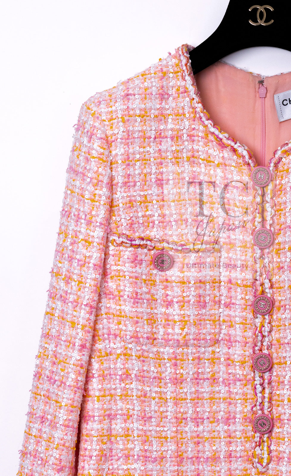 CHANEL 19C Pink Orange CC Logo Buttons Sequin Embellishments Dress 42 44 シャネル ピンク オレンジ ココボタン スパンコール ワンピース 即発