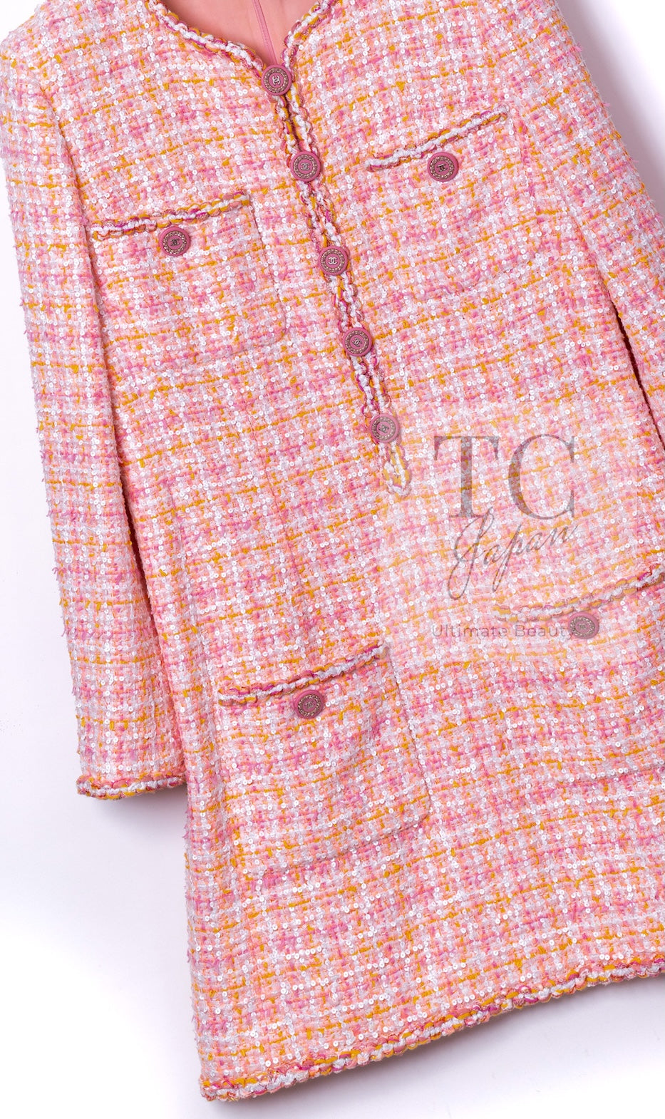 CHANEL 19C Pink Orange CC Logo Buttons Sequin Embellishments Dress 42 44 シャネル ピンク オレンジ ココボタン スパンコール ワンピース 即発
