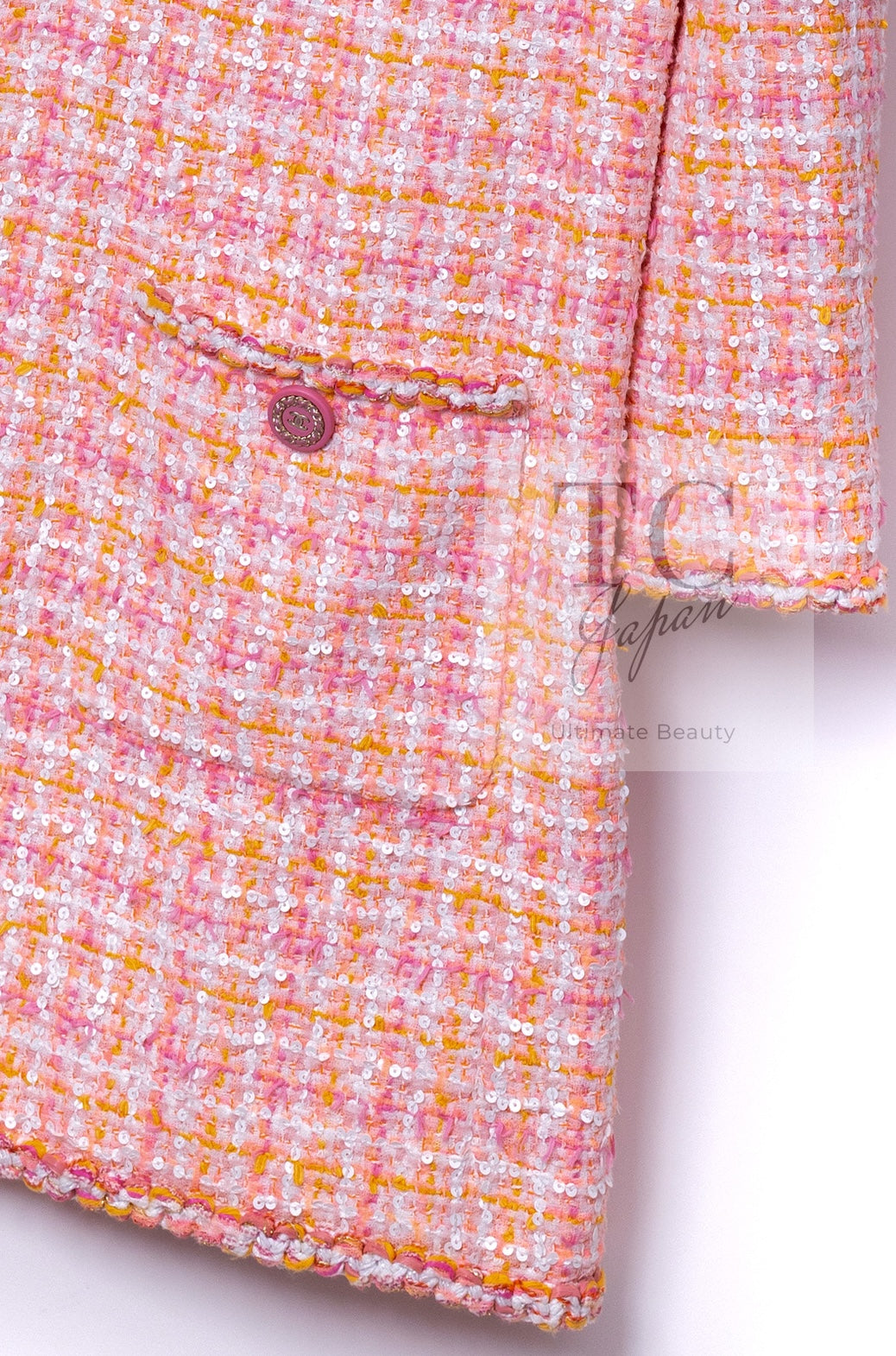 CHANEL 19C Pink Orange CC Logo Buttons Sequin Embellishments Dress 42 44 シャネル ピンク オレンジ ココボタン スパンコール ワンピース 即発