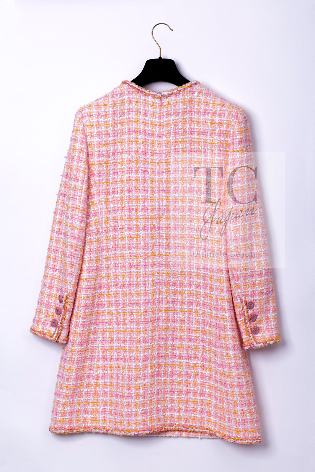 CHANEL 19C Pink Orange CC Logo Buttons Sequin Embellishments Dress 42 44 シャネル ピンク オレンジ ココボタン スパンコール ワンピース 即発