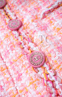 CHANEL 19C Pink Orange CC Logo Buttons Sequin Embellishments Dress 42 44 シャネル ピンク オレンジ ココボタン スパンコール ワンピース 即発