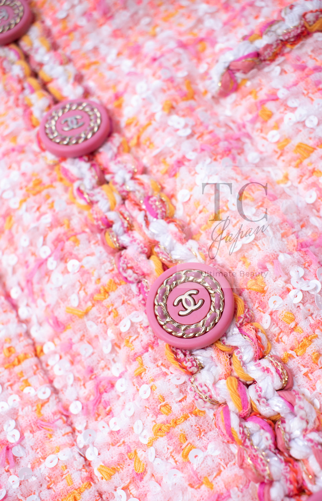 CHANEL 19C Pink Orange CC Logo Buttons Sequin Embellishments Dress 42 44 シャネル ピンク オレンジ ココボタン スパンコール ワンピース 即発