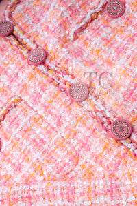 CHANEL 19C Pink Orange CC Logo Buttons Sequin Embellishments Dress 42 44 シャネル ピンク オレンジ ココボタン スパンコール ワンピース 即発