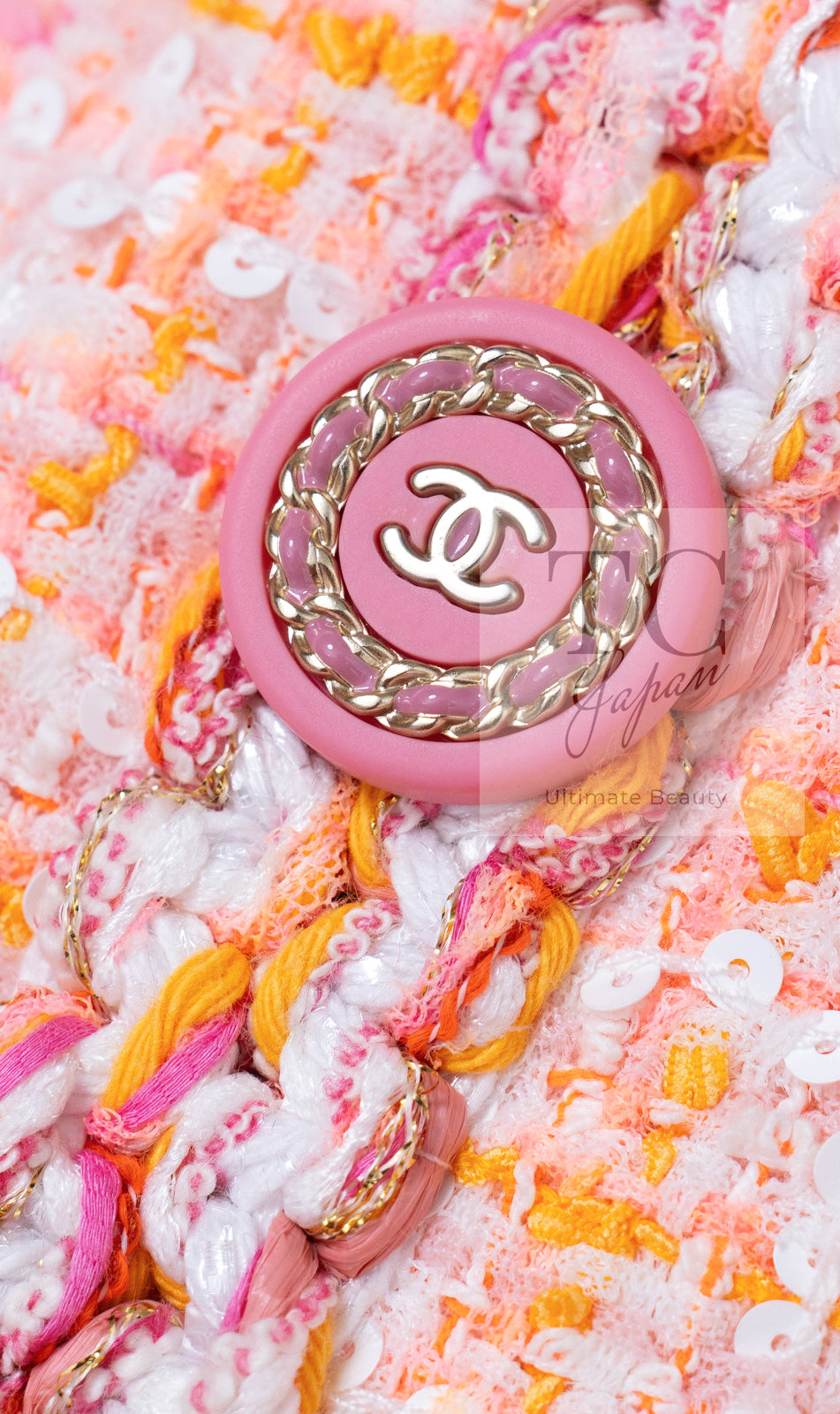 CHANEL 19C Pink Orange CC Logo Buttons Sequin Embellishments Dress 42 44 シャネル ピンク オレンジ ココボタン スパンコール ワンピース 即発