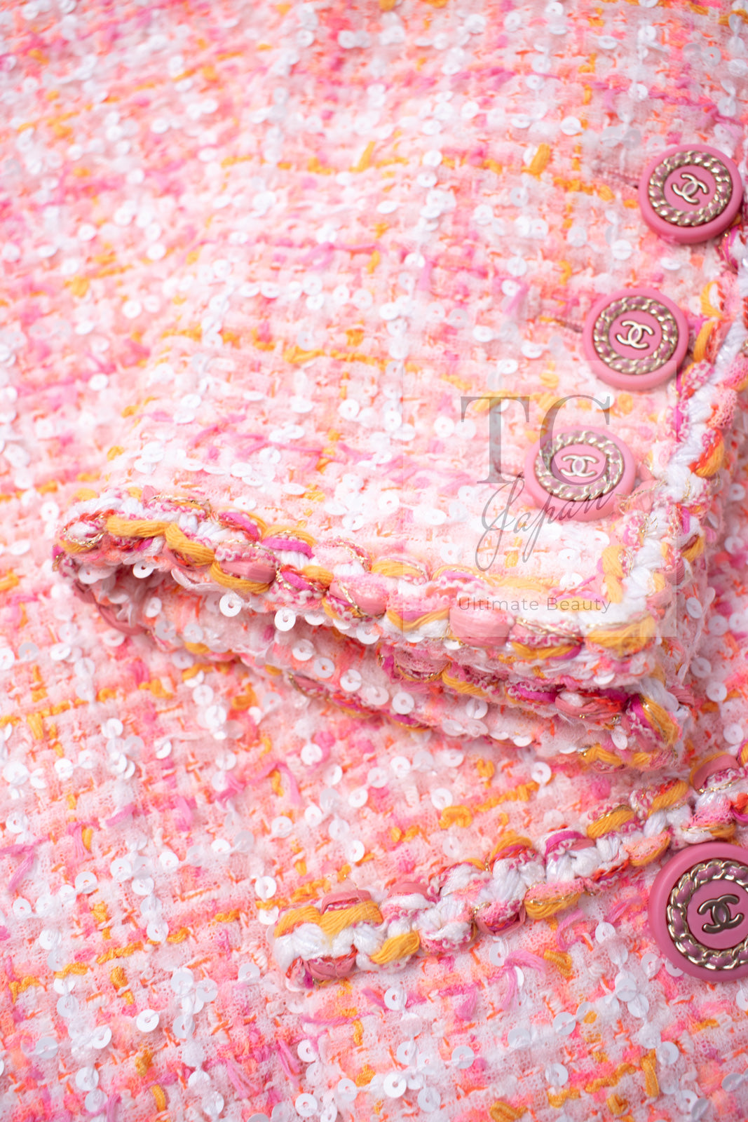 CHANEL 19C Pink Orange CC Logo Buttons Sequin Embellishments Dress 42 44 シャネル ピンク オレンジ ココボタン スパンコール ワンピース 即発