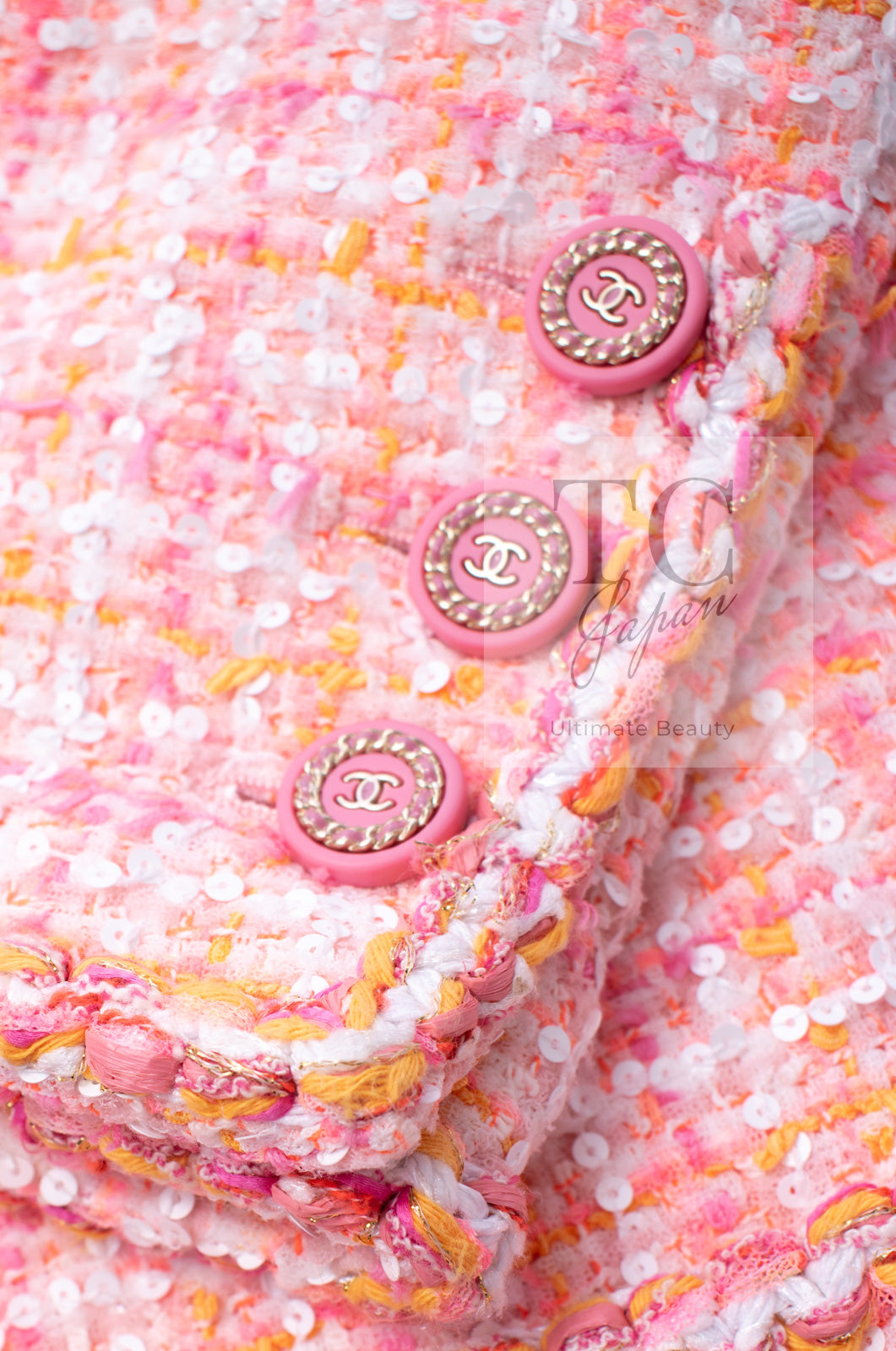 CHANEL 19C Pink Orange CC Logo Buttons Sequin Embellishments Dress 42 44 シャネル ピンク オレンジ ココボタン スパンコール ワンピース 即発