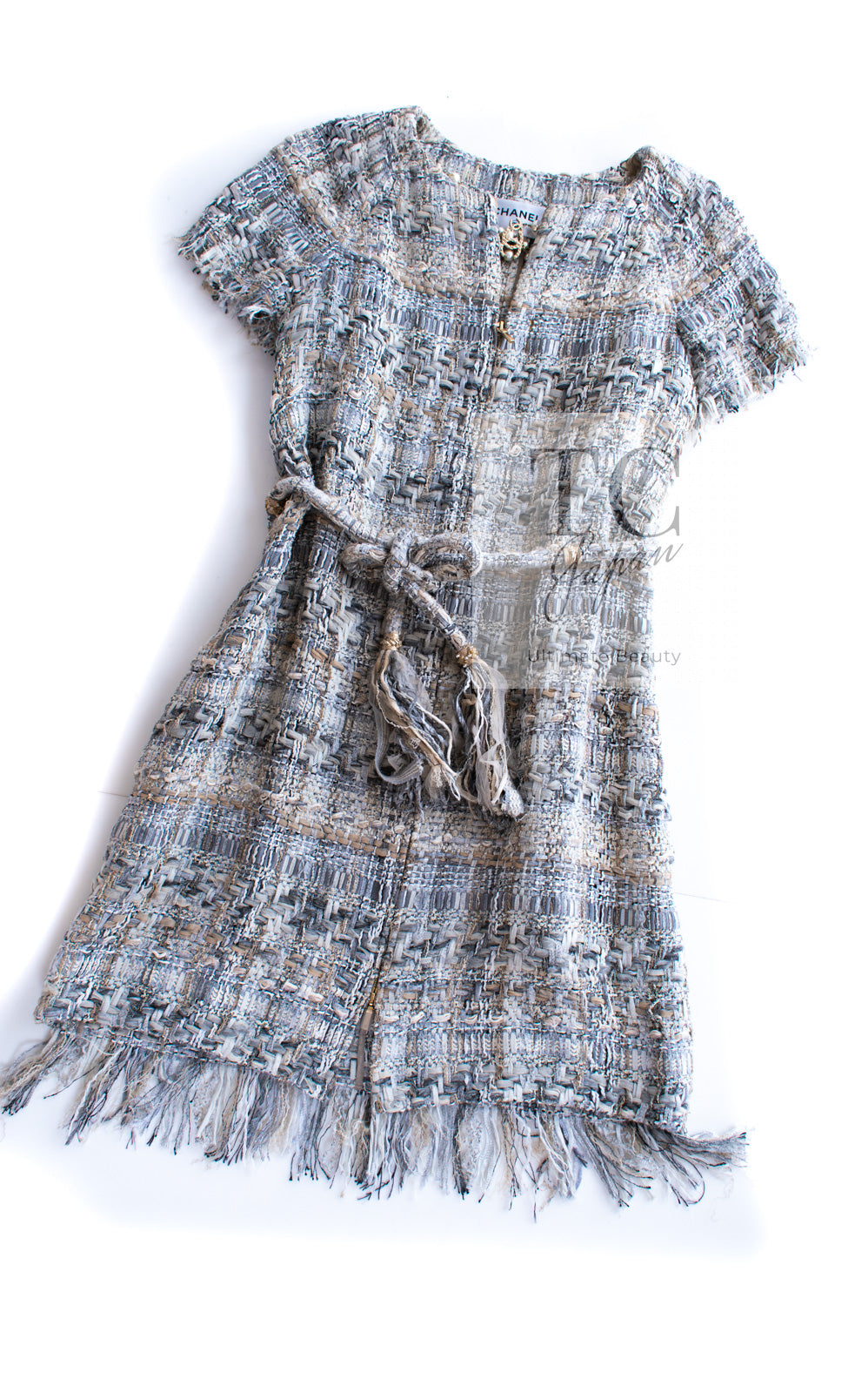CHANEL 18C Gray Beige Ivory Fringe Tweed Dress 38 シャネル グレー ベージュ アイボリー フリンジ ツイード ワンピース 即発