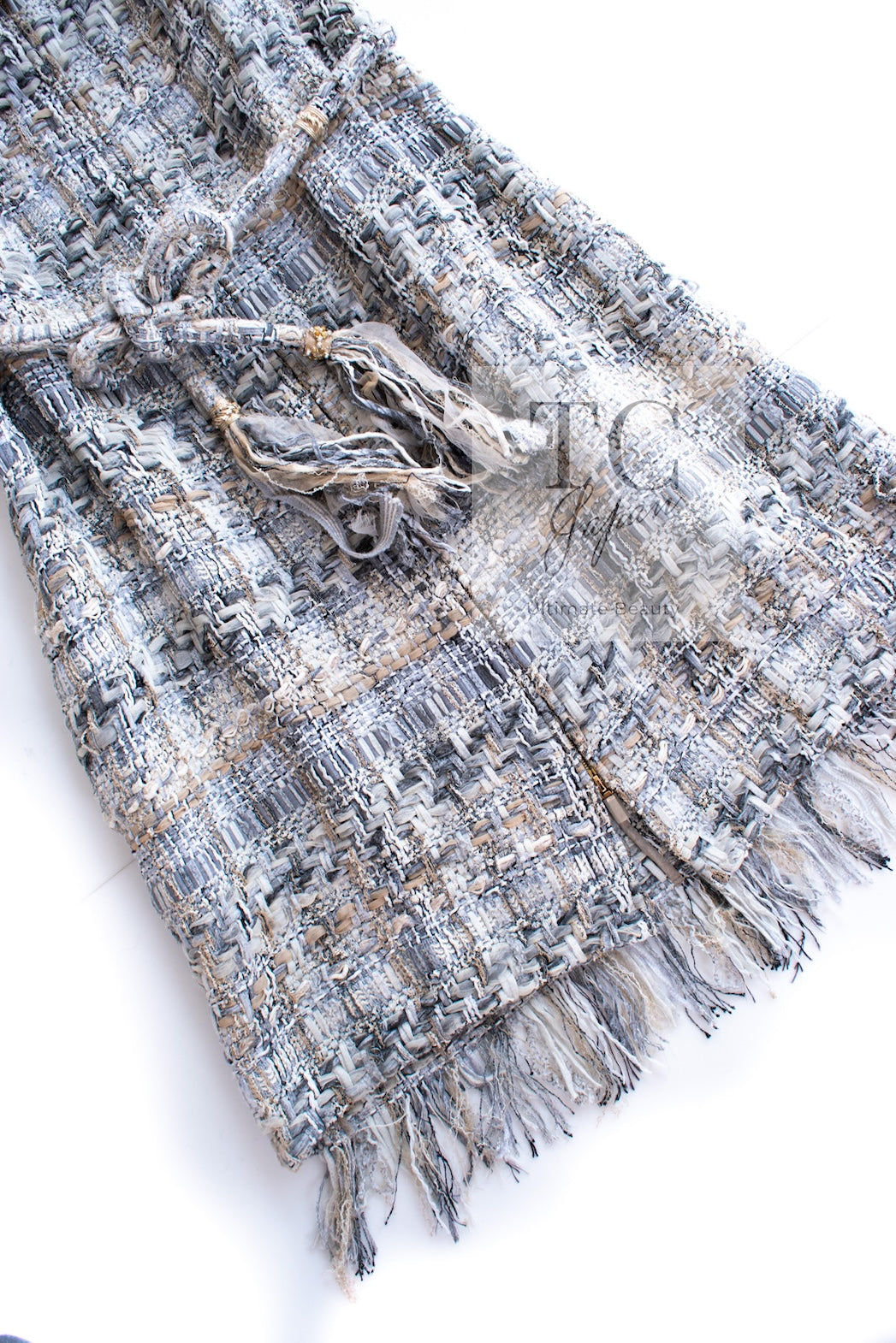 CHANEL 18C Gray Beige Ivory Fringe Tweed Dress 38 シャネル グレー ベージュ アイボリー フリンジ ツイード ワンピース 即発