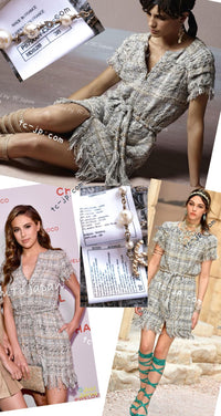 CHANEL 18C Gray Beige Ivory Fringe Tweed Dress 38 シャネル グレー ベージュ アイボリー フリンジ ツイード ワンピース 即発