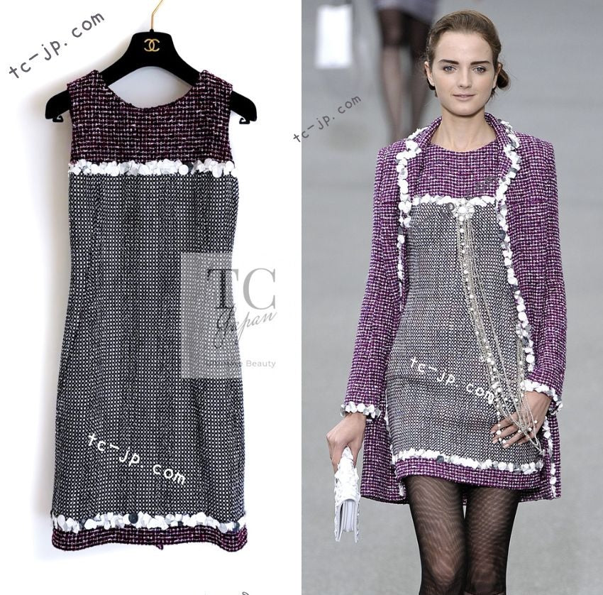 シャネル ツイード ドレスコート  38 CHANEL 09S Purple Cotton Sequin Trim Wool Tweed Dress 38