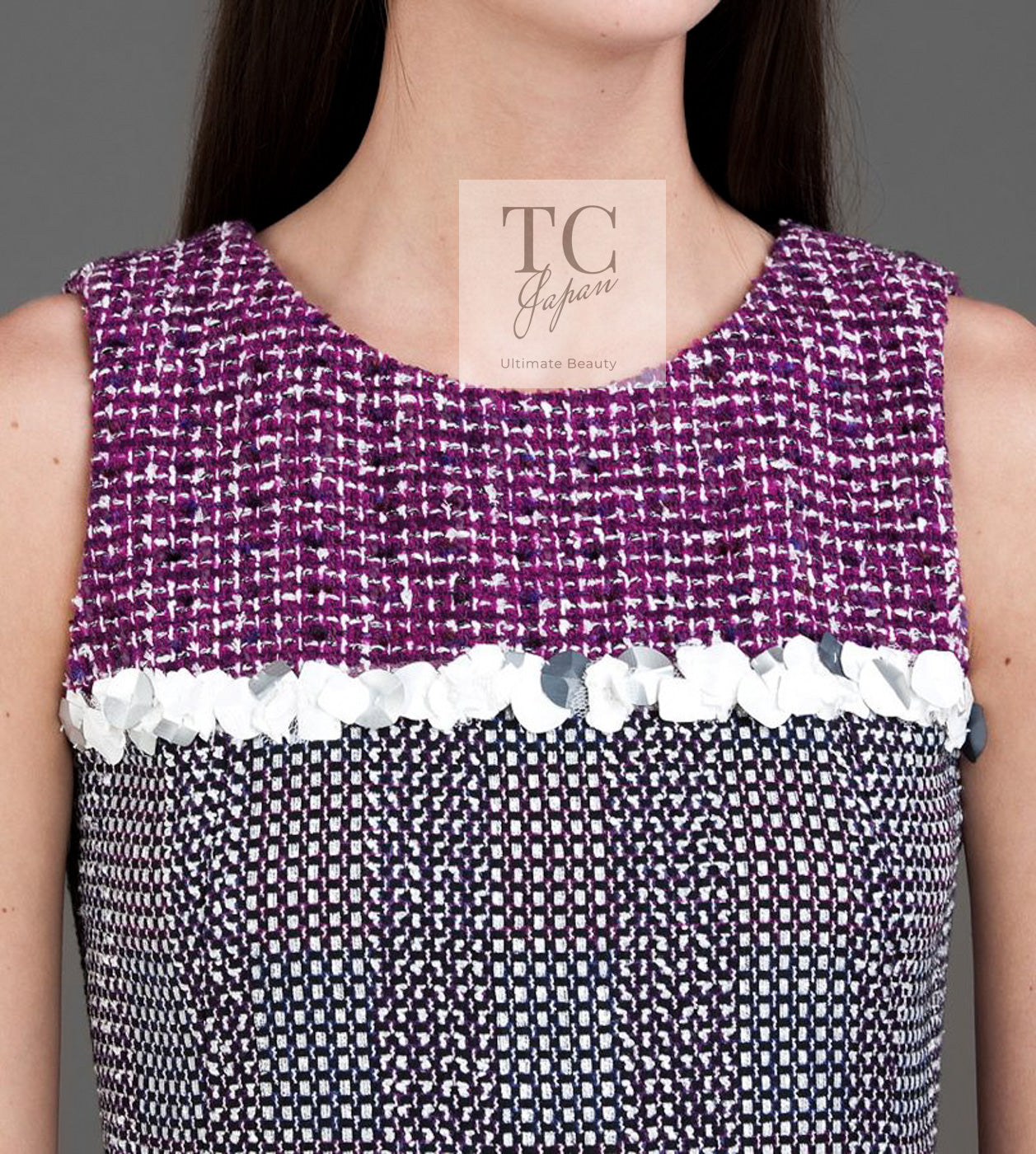 CHANEL 09S Purple Cotton Sequin Trim Wool Tweed Dress 38 シャネル パープル コットン スパンコール トリム ウール ツイード ワンピース 即発