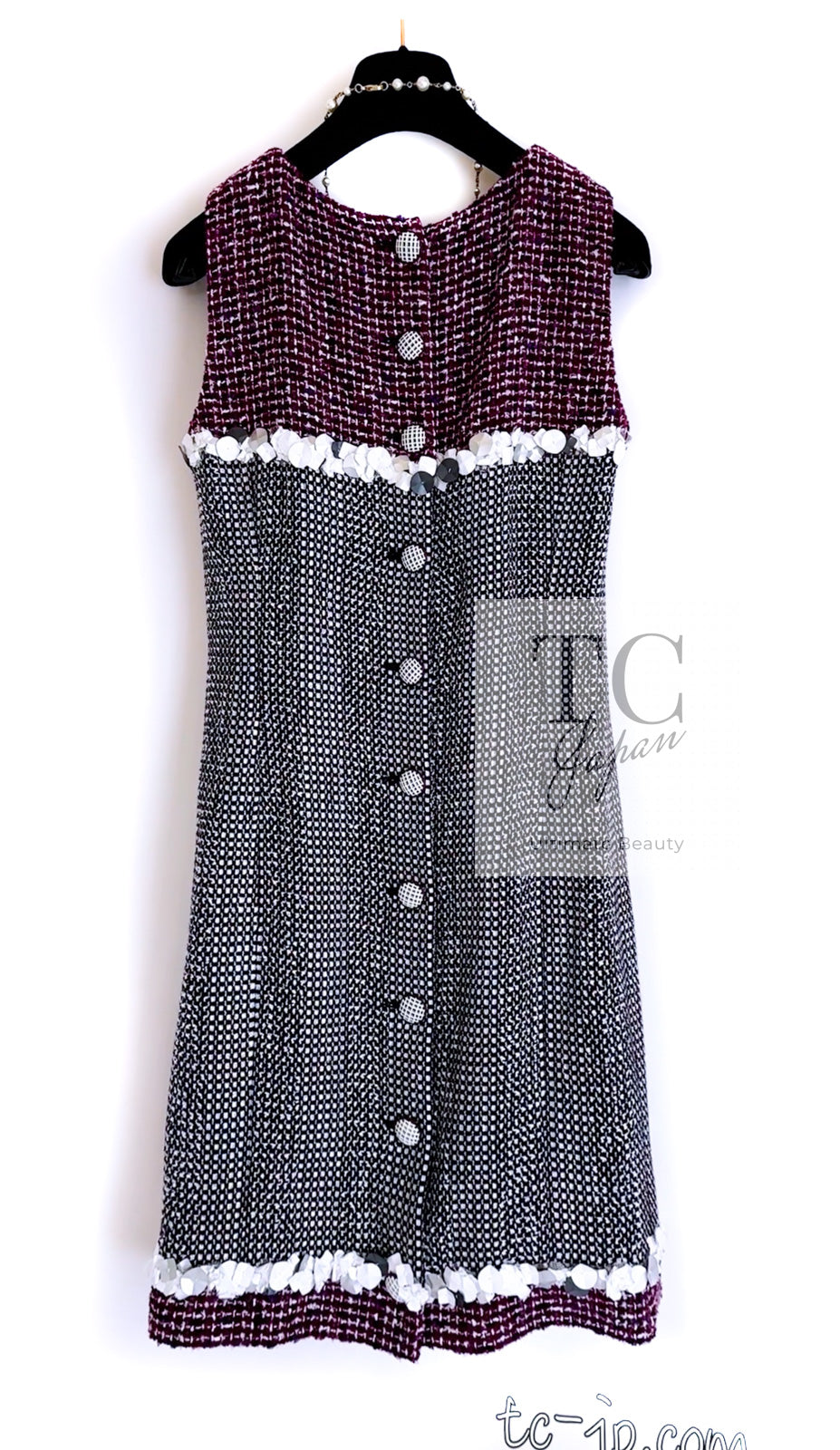 CHANEL 09S Purple Cotton Sequin Trim Wool Tweed Dress 38 シャネル パープル コットン スパンコール トリム ウール ツイード ワンピース 即発