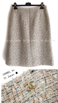 CHANEL 05S Beige Gold Silver Metallic Tweed Jacket Skirt Suit 44 46 シャネル ベージュ ゴールド メタリック ルサージュ ツイード ジャケット スカート スーツ 即発