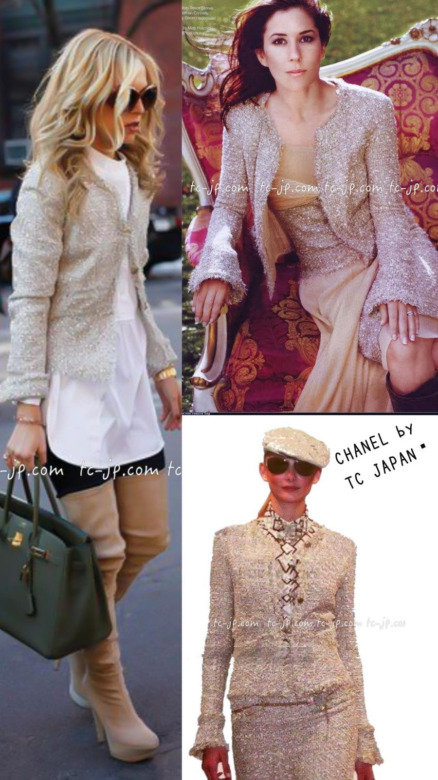 CHANEL 05S Beige Gold Silver Metallic Tweed Jacket Skirt Suit 44 46 シャネル ベージュ ゴールド メタリック ルサージュ ツイード ジャケット スカート スーツ 即発