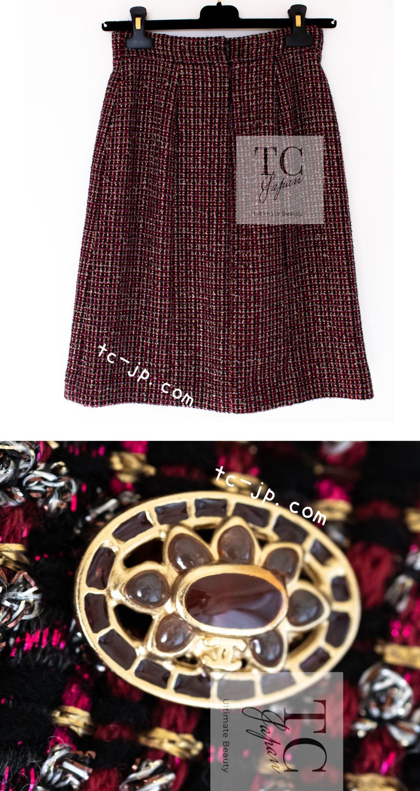 CHANEL 12PF Burgundy Wine Red Griopix Jacket Skirt Suit 34 シャネル バーガンディー ワイン レッド グリポア宝石ボタン ジャケット スカート スーツ 即発