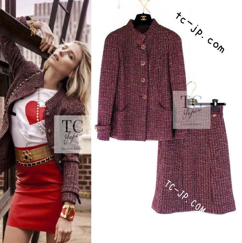 CHANEL 12PF Burgundy Wine Red Griopix Jacket Skirt Suit 34 シャネル バーガンディー ワイン レッド グリポア宝石ボタン ジャケット スカート スーツ 即発