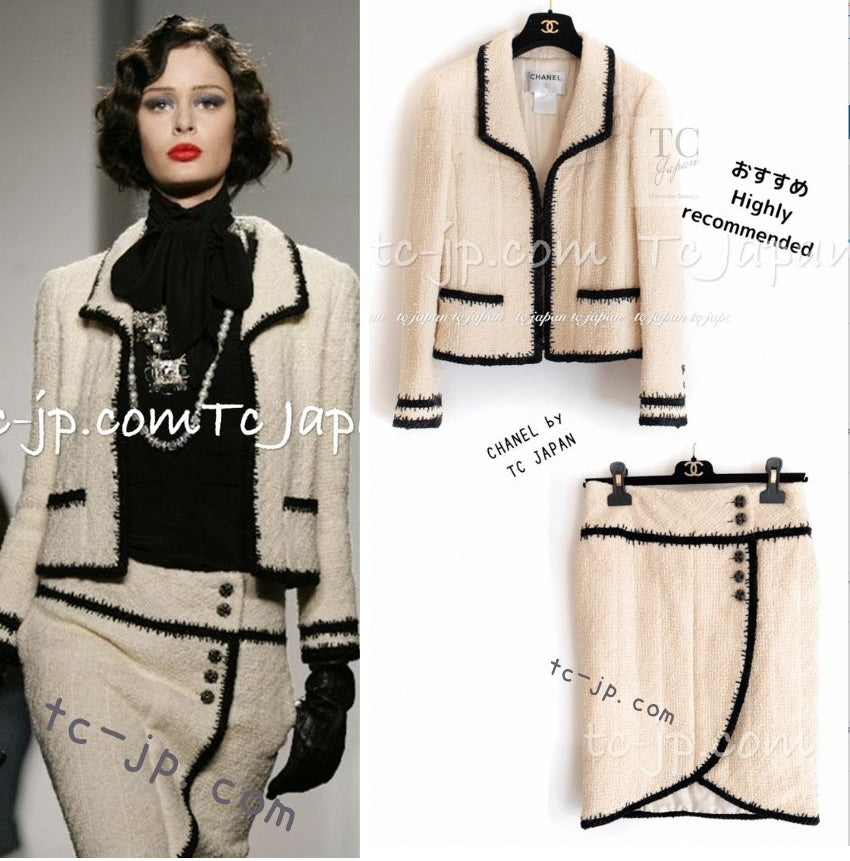 CHANEL 06PF Ivory Black Trim Boucle Tweed Jacket Skirt Suit 38 40 シャネル アイボリー ブラック トリミング ブークレ ツイード ジャケット スカート スーツ 即発