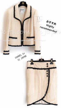 CHANEL 06PF Ivory Black Trim Boucle Tweed Jacket Skirt Suit 38 40 シャネル アイボリー ブラック トリミング ブークレ ツイード ジャケット スカート スーツ 即発