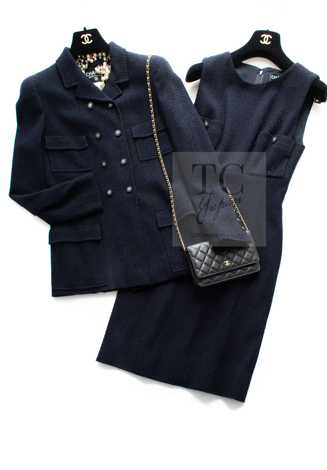 CHANEL 96S Vintage Navy Double Wool Tweed Dress Jacket Setup 38 シャネル ヴィンテージ ネイビー ウール ツイード ワンピース ジャケット セットアップ 即発